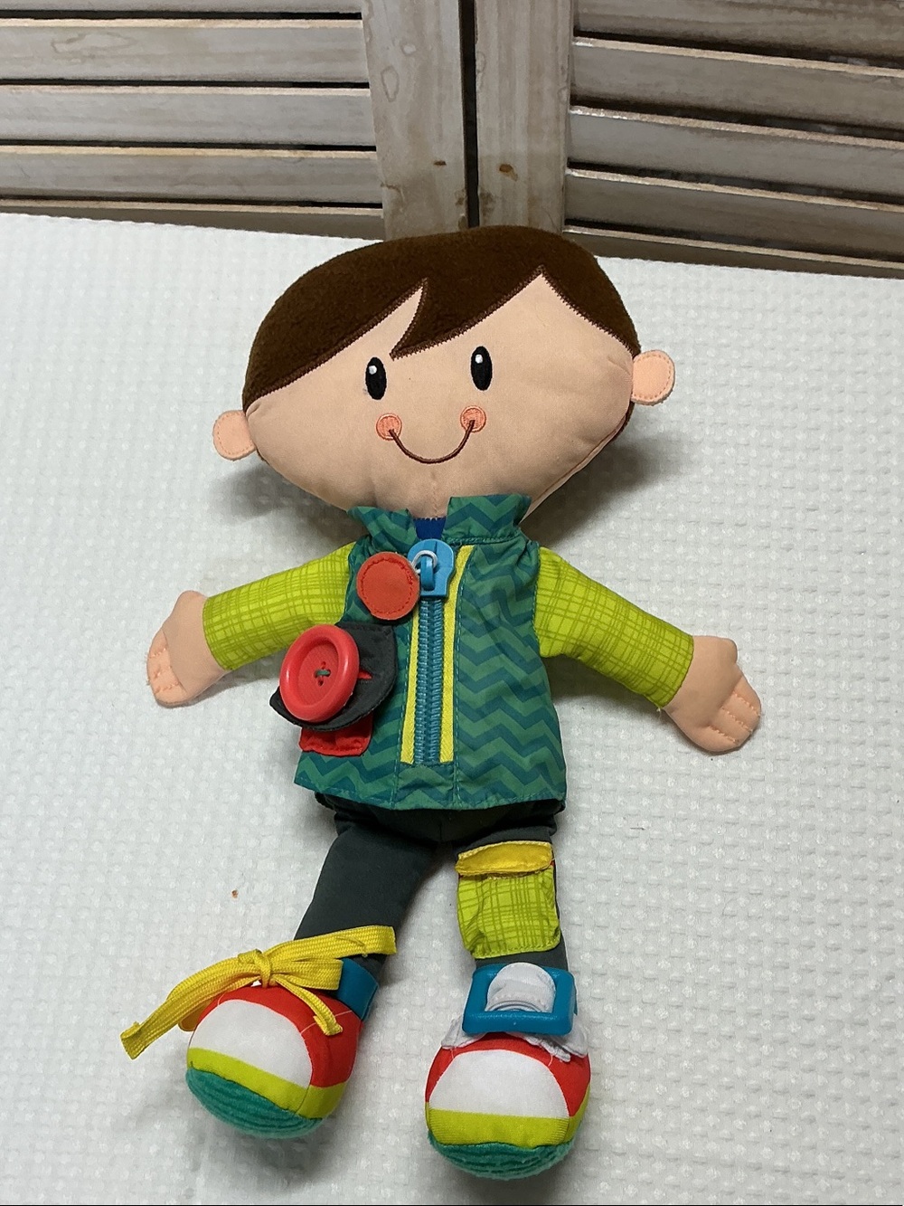 Plush Activity Boy Doll in Green and Yellow - Interactive Learning Toy